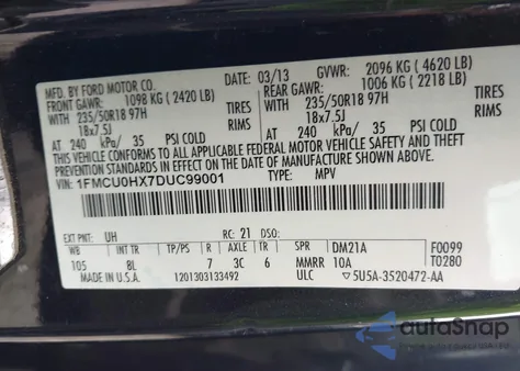 2013 Ford Escape Sel from USA, damaged, VIN 1FMCU0HX7DUC99001